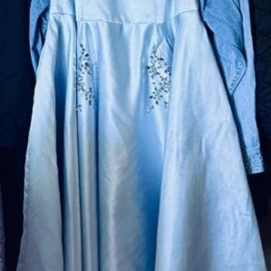BLUE GOWN formal RHINESTONE CRYSTAL trim POCKETS B20flat Waist 17.5flat